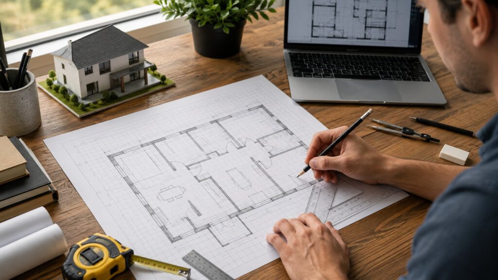 Scène réaliste liée à Comment dessiner un plan de maison précis, pas à pas