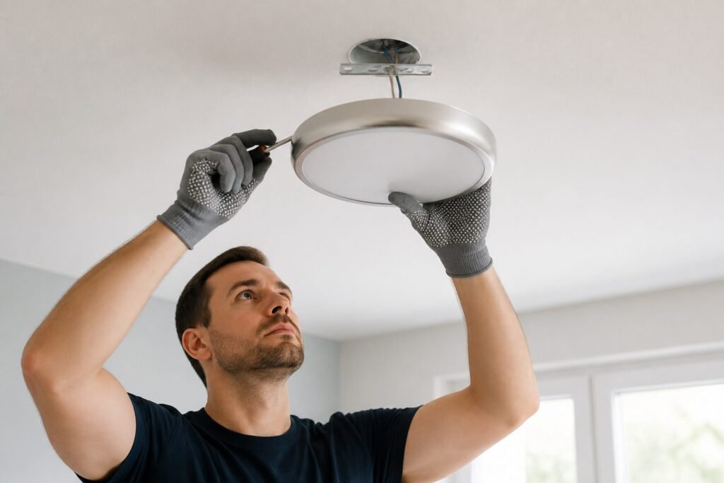 Illustration de Installer un luminaire au plafond en sécurité